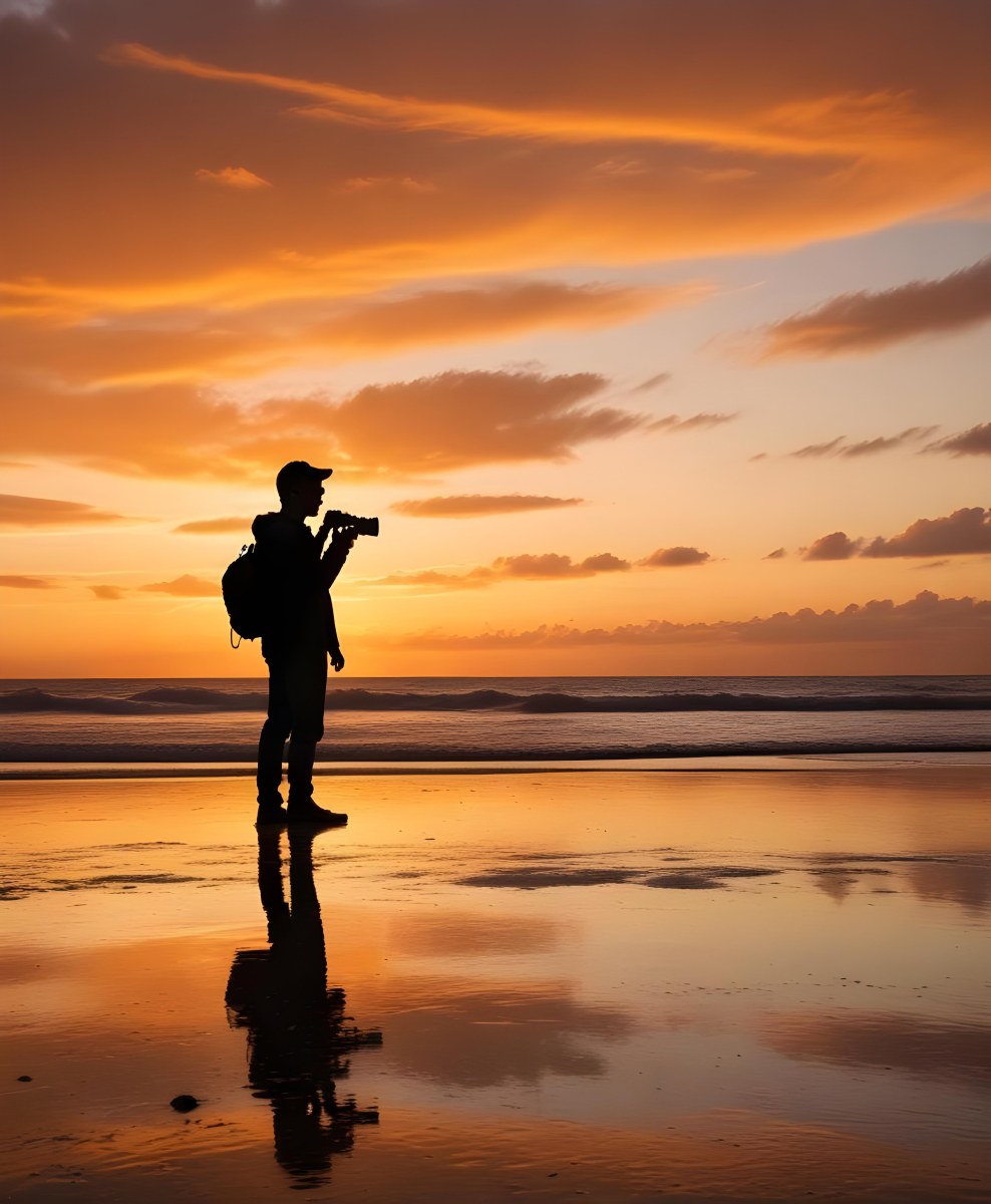 A Black Silhouette Of A 30 Year Old Man Holding A Camera Orange Sunset With Clouds Standing On A Beach With Water Reflections 7 6b50