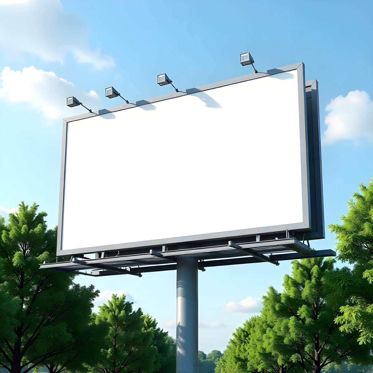 A Blank Billboard On A Metal Structure With Lights On Top Surrounded By Green Trees Under A Blue Sky With Some Clouds 11 Dc9c