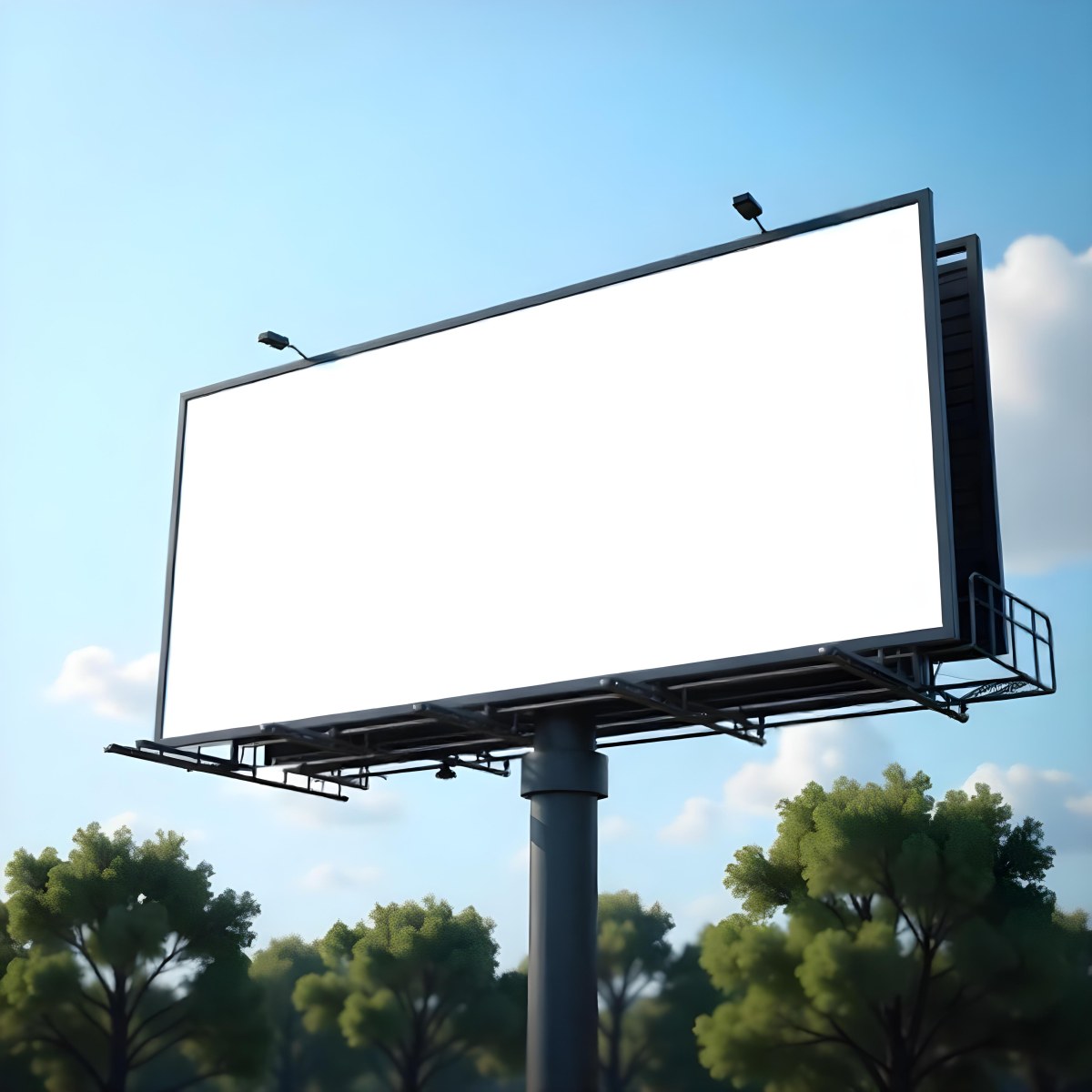A Blank Billboard On A Metal Structure With Lights On Top Surrounded By Green Trees Under A Blue Sky With Some Clouds 12 B2c2