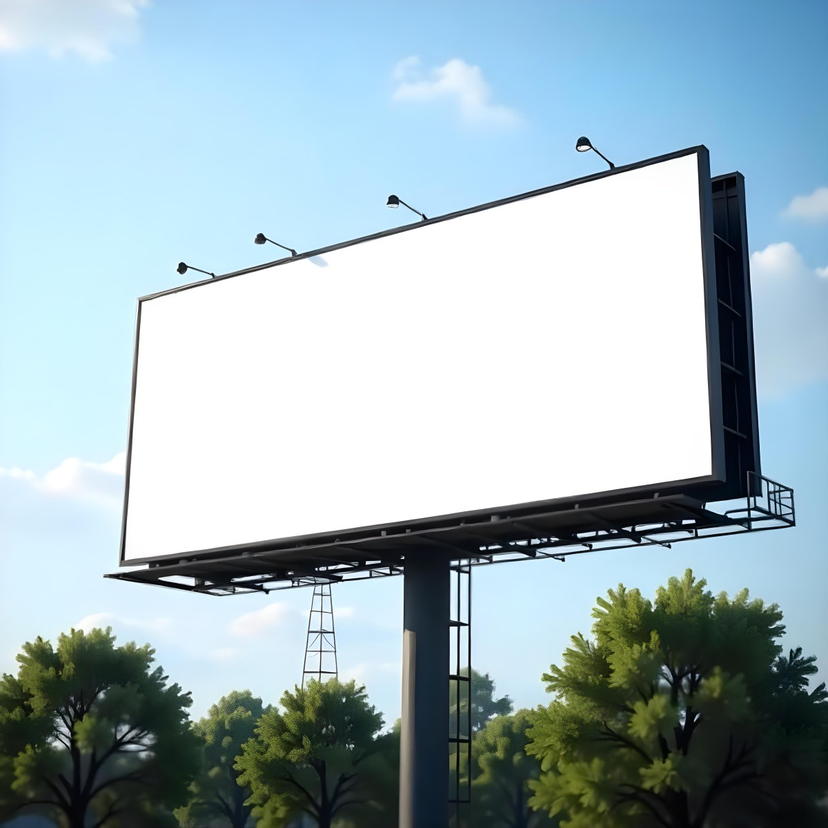 A Blank Billboard On A Metal Structure With Lights On Top Surrounded By Green Trees Under A Blue Sky With Some Clouds 17 2a7e