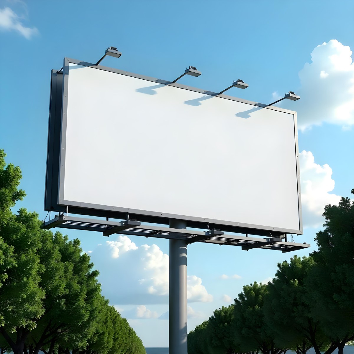 A Blank Billboard On A Metal Structure With Lights On Top Surrounded By Green Trees Under A Blue Sky With Some Clouds 2 6e49
