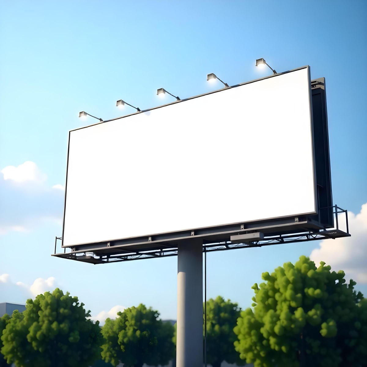A Blank Billboard On A Metal Structure With Lights On Top Surrounded By Green Trees Under A Blue Sky With Some Clouds 20 4fa7