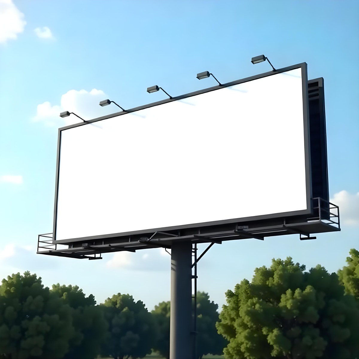 A Blank Billboard On A Metal Structure With Lights On Top Surrounded By Green Trees Under A Blue Sky With Some Clouds 24 250e