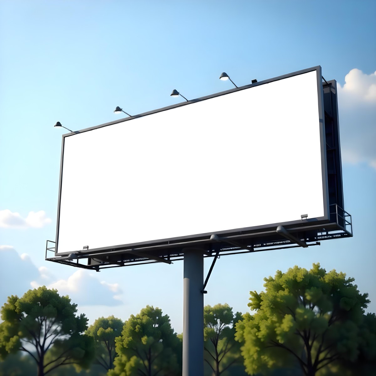A Blank Billboard On A Metal Structure With Lights On Top Surrounded By Green Trees Under A Blue Sky With Some Clouds 26 B271