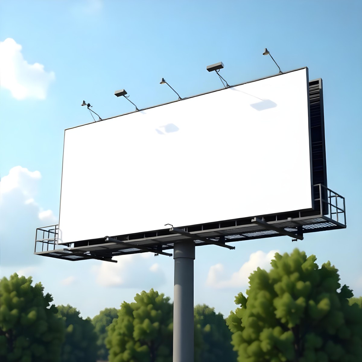 A Blank Billboard On A Metal Structure With Lights On Top Surrounded By Green Trees Under A Blue Sky With Some Clouds 27 Ed22