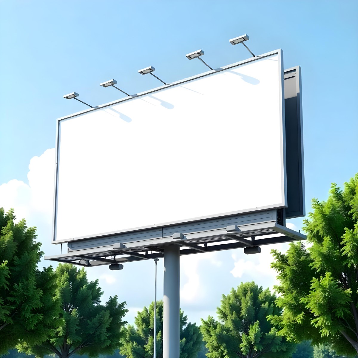 A Blank Billboard On A Metal Structure With Lights On Top Surrounded By Green Trees Under A Blue Sky With Some Clouds 3 F5ec
