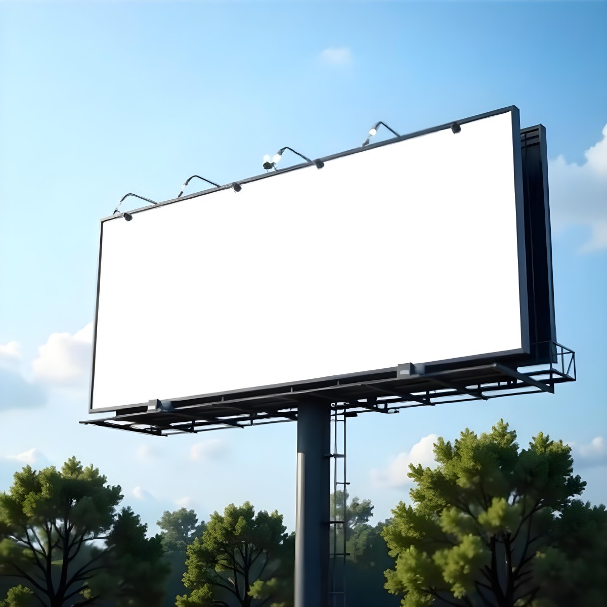 A Blank Billboard On A Metal Structure With Lights On Top Surrounded By Green Trees Under A Blue Sky With Some Clouds 4 9e4a