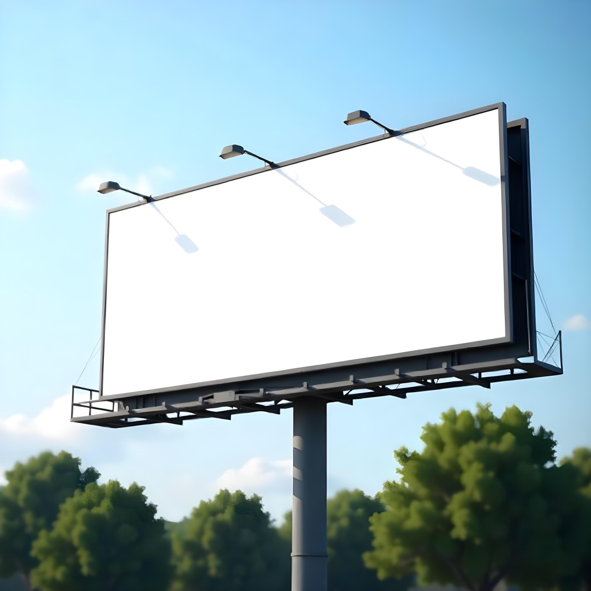 A Blank Billboard On A Metal Structure With Lights On Top Surrounded By Green Trees Under A Blue Sky With Some Clouds 7 Cf61