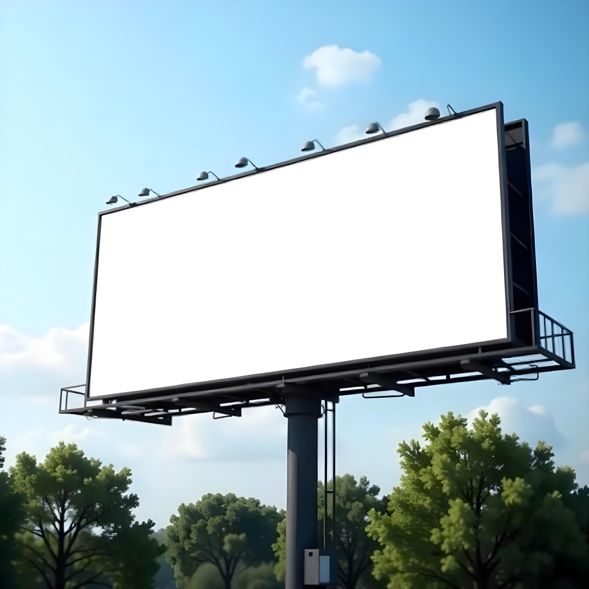 A Blank Billboard On A Metal Structure With Lights On Top Surrounded By Green Trees Under A Blue Sky With Some Clouds 8 3b43