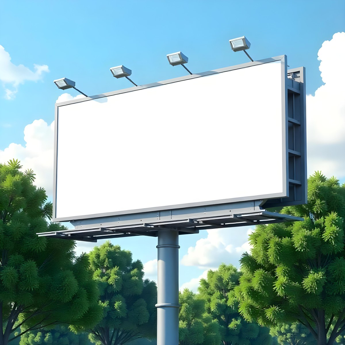 A Blank Billboard On A Metal Structure With Lights On Top Surrounded By Green Trees Under A Blue Sky With Some Clouds 9 F78a