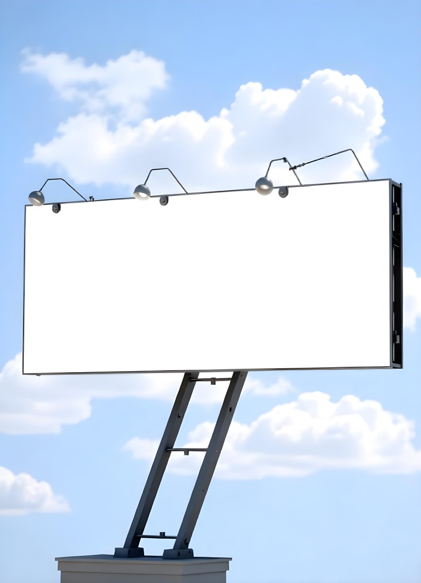 A Blank Billboard With Metal Structure And Lights On A Blue Sky With White Clouds 25 9794