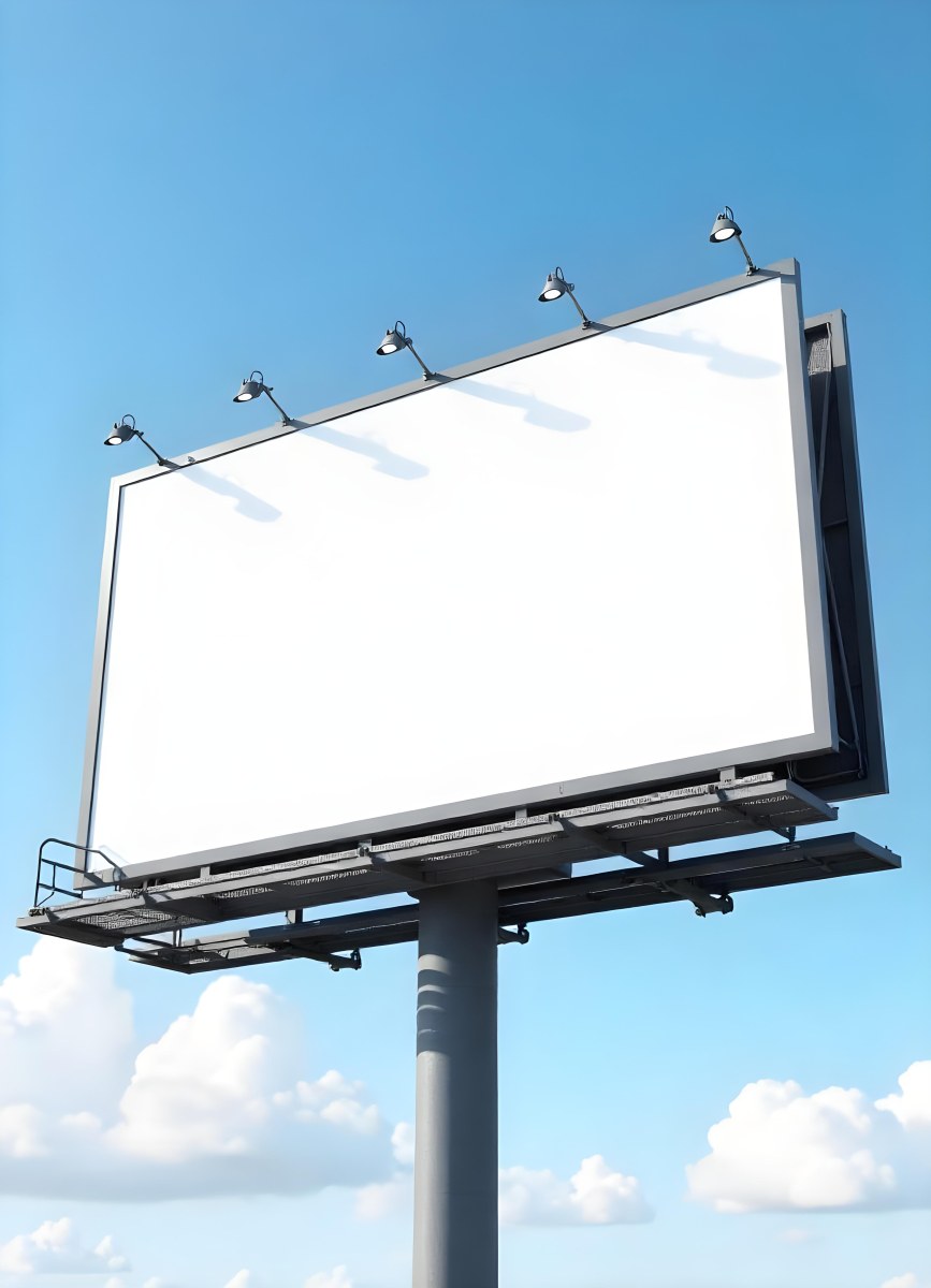 A Blank Billboard With Metal Structure And Lights On A Blue Sky With White Clouds 5 Ca96