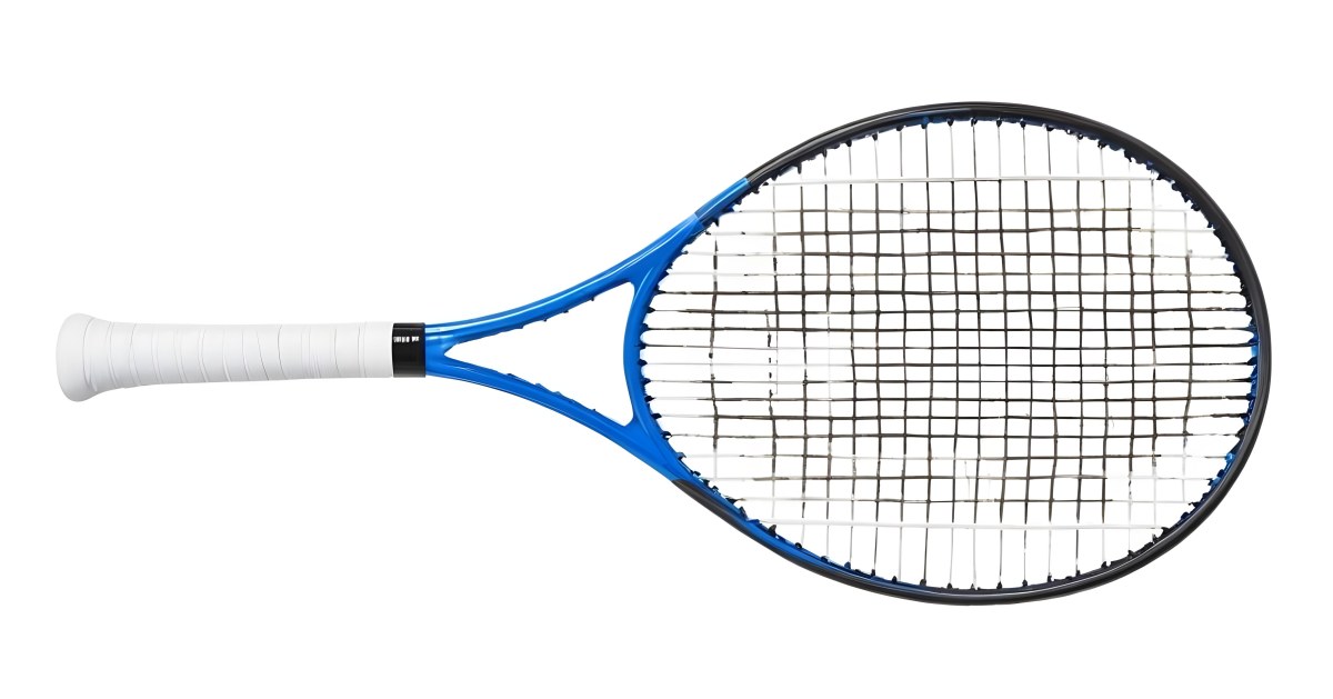 A Blue And Black Tennis Racket With Blue Handle Centered On A Blue Background Studio Shot High Resolution Detailed Strings Clean Aesthetic Sports Equipment 5 9909