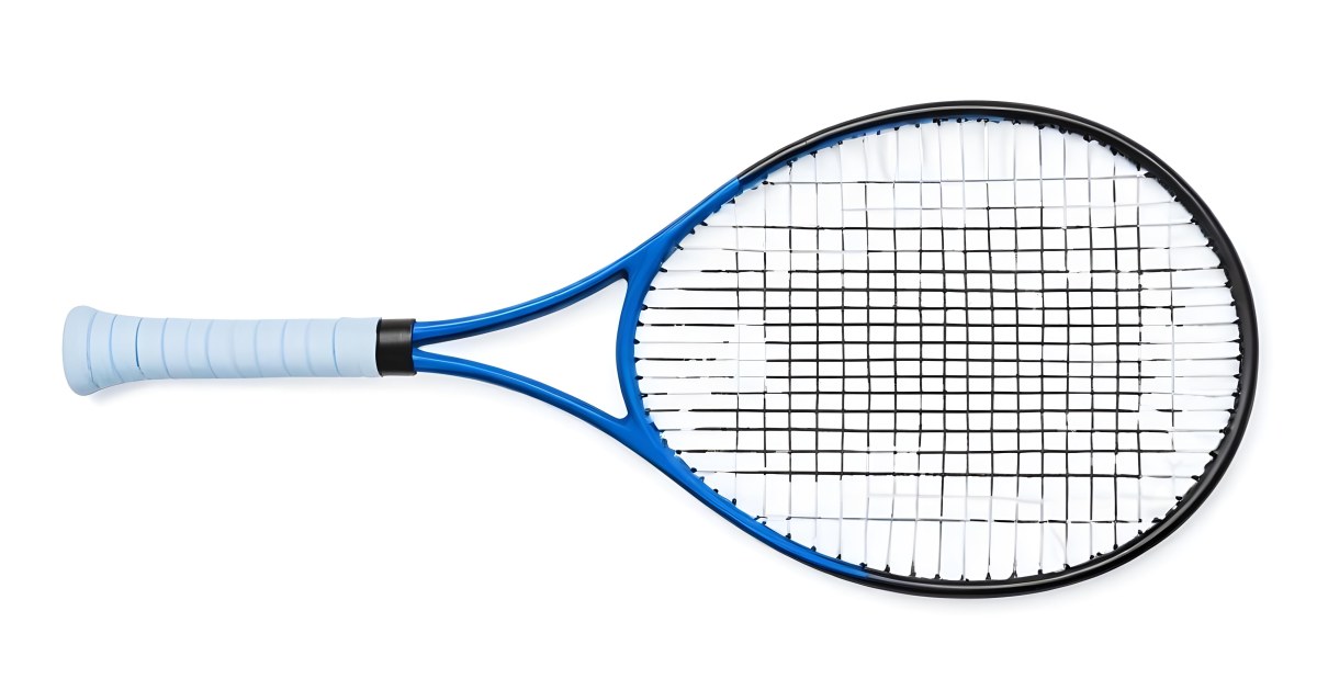 A Blue And Black Tennis Racket With Blue Handle Centered On A Blue Background Studio Shot High Resolution Detailed Strings Clean Aesthetic Sports Equipment 6 B012