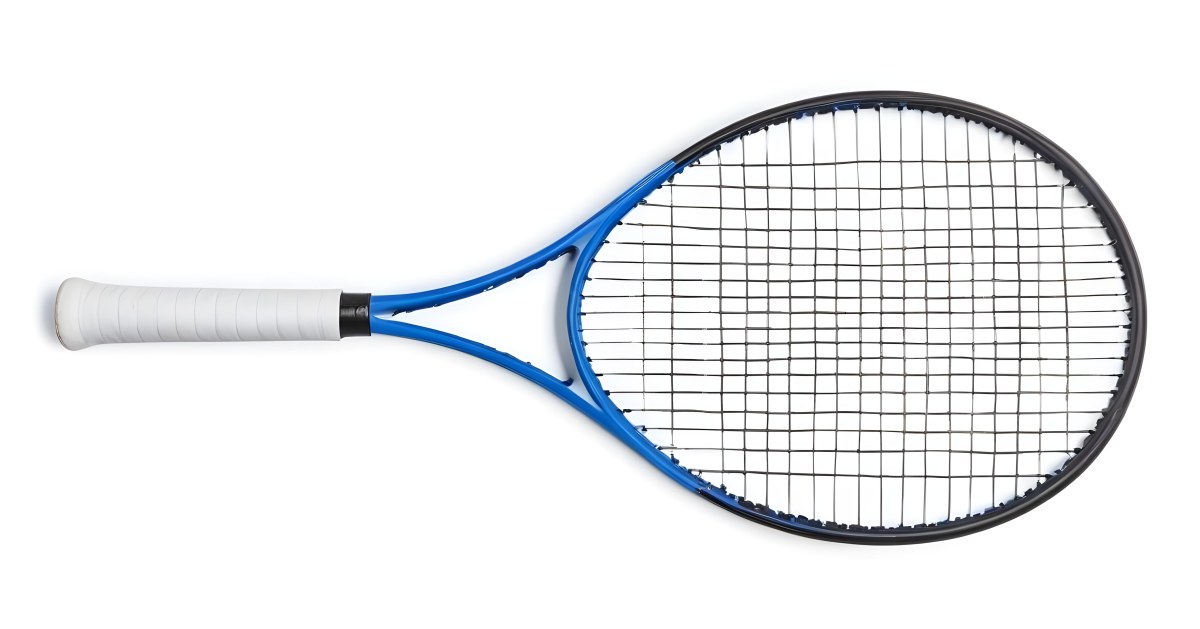 A Blue And Black Tennis Racket With Blue Handle Centered On A Blue Background Studio Shot High Resolution Detailed Strings Clean Aesthetic Sports Equipment 8 E566