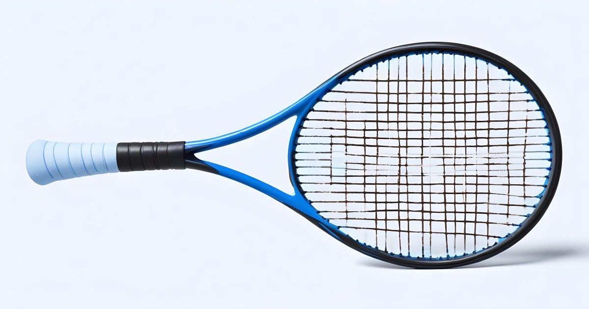 A Blue And Black Tennis Racket With Blue Handle Centered On A Blue Background Studio Shot High Resolution Detailed Strings Clean Aesthetic Sports Equipment 9 61b1