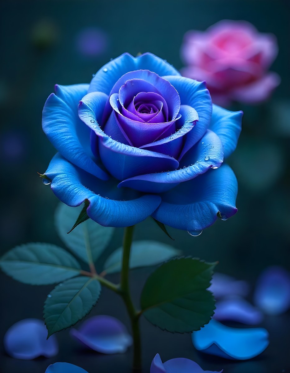 A Blue And Purple Rose With Water Droplets On The Petals Surrounded By Scattered Petals And A Blurred Background With A Flower In The Distance 13 Bab6