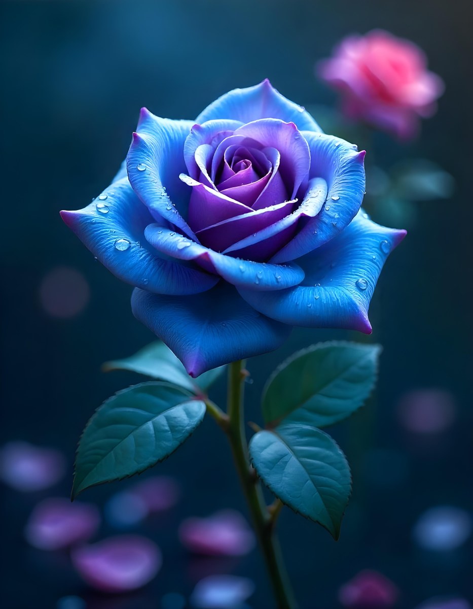 A Blue And Purple Rose With Water Droplets On The Petals Surrounded By Scattered Petals And A Blurred Background With A Flower In The Distance 22 7d7c