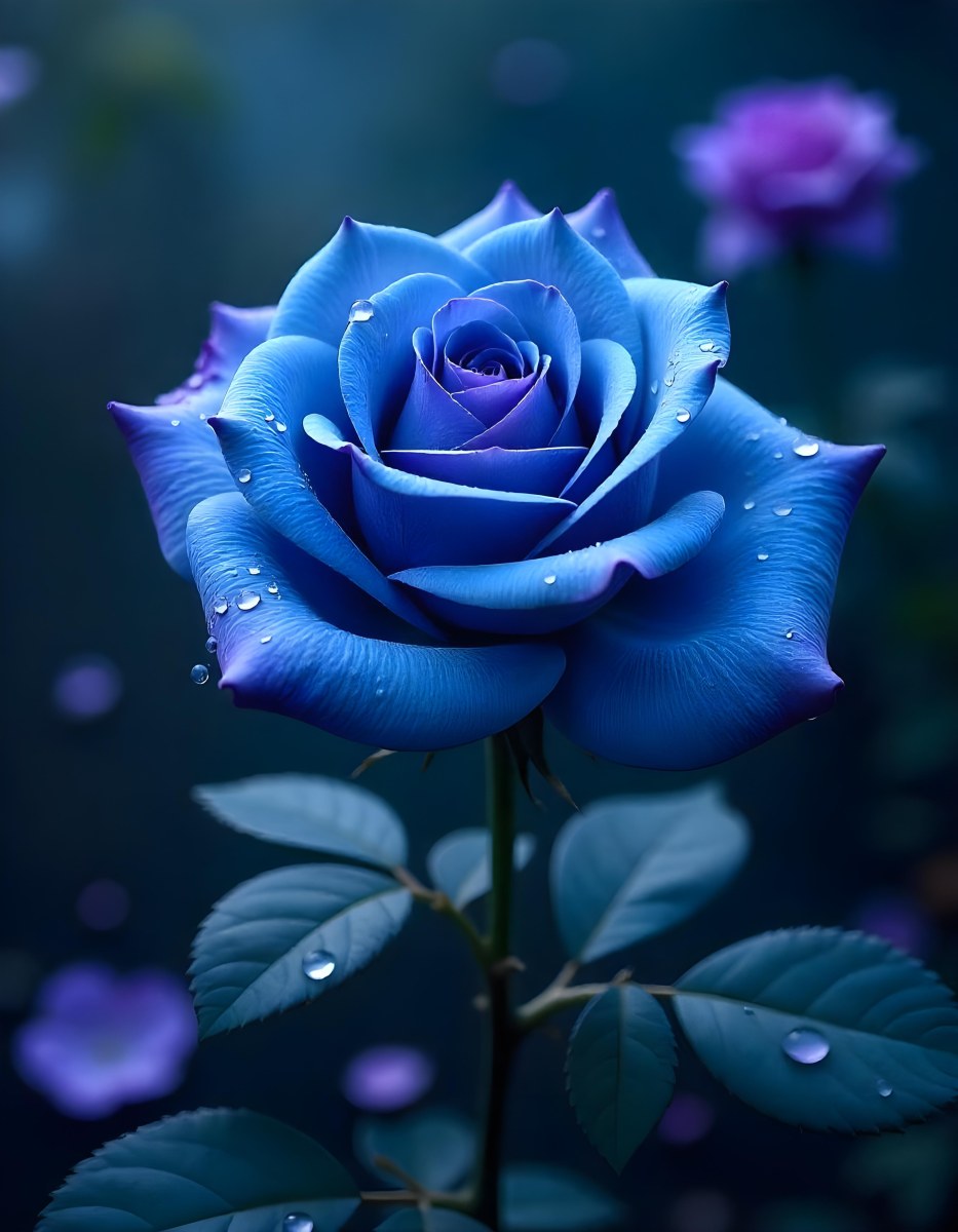 A Blue And Purple Rose With Water Droplets On The Petals Surrounded By Scattered Petals And A Blurred Background With A Flower In The Distance 26 6435