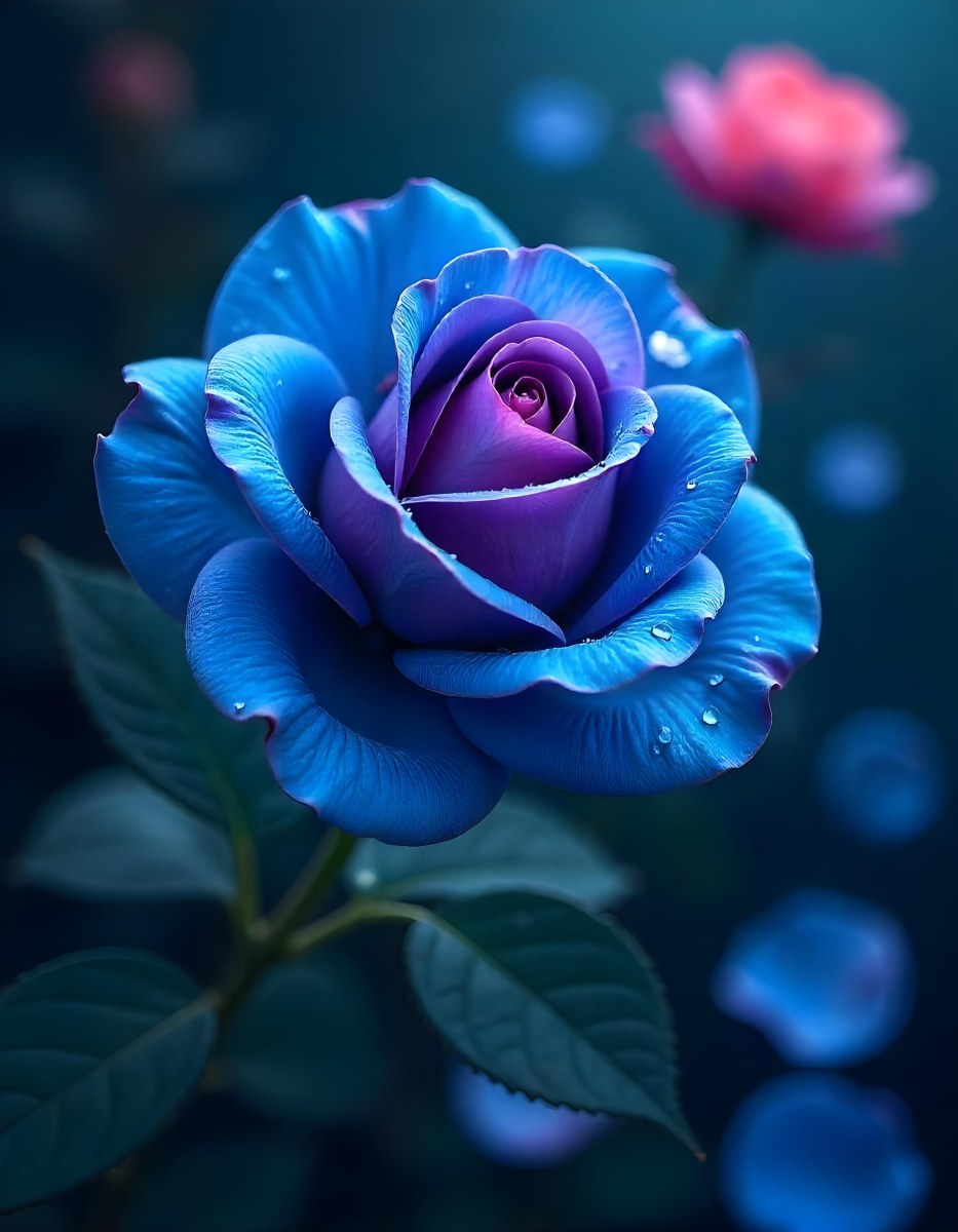 A Blue And Purple Rose With Water Droplets On The Petals Surrounded By Scattered Petals And A Blurred Background With A Flower In The Distance 31 B217