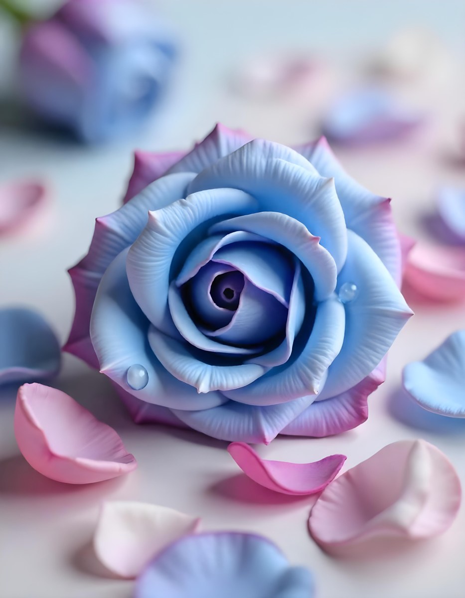 A Blue And Purple Rose With Water Droplets On The Petals Surrounded By Scattered Petals And A Blurred Background With A Flower In The Distance 35 1982