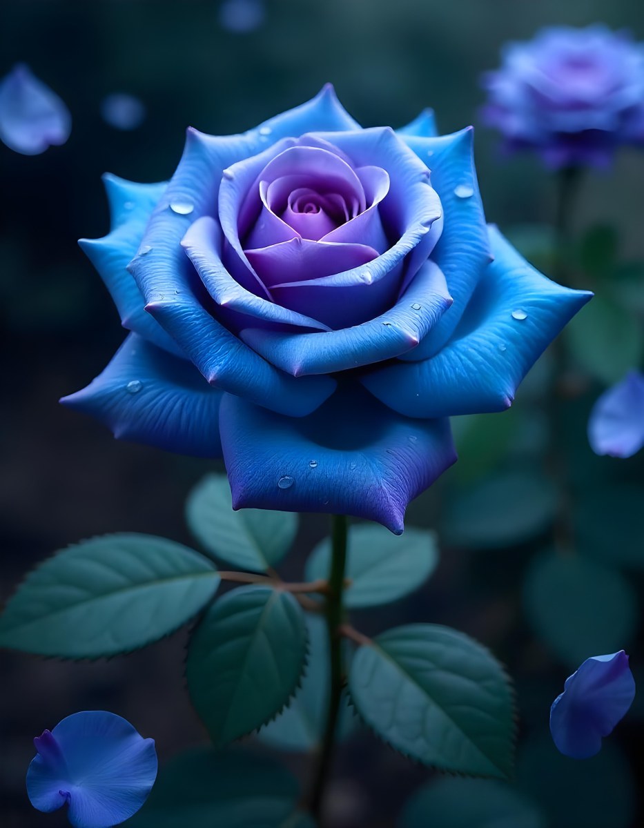 A Blue And Purple Rose With Water Droplets On The Petals Surrounded By Scattered Petals And A Blurred Background With A Flower In The Distance 37 Ed5b