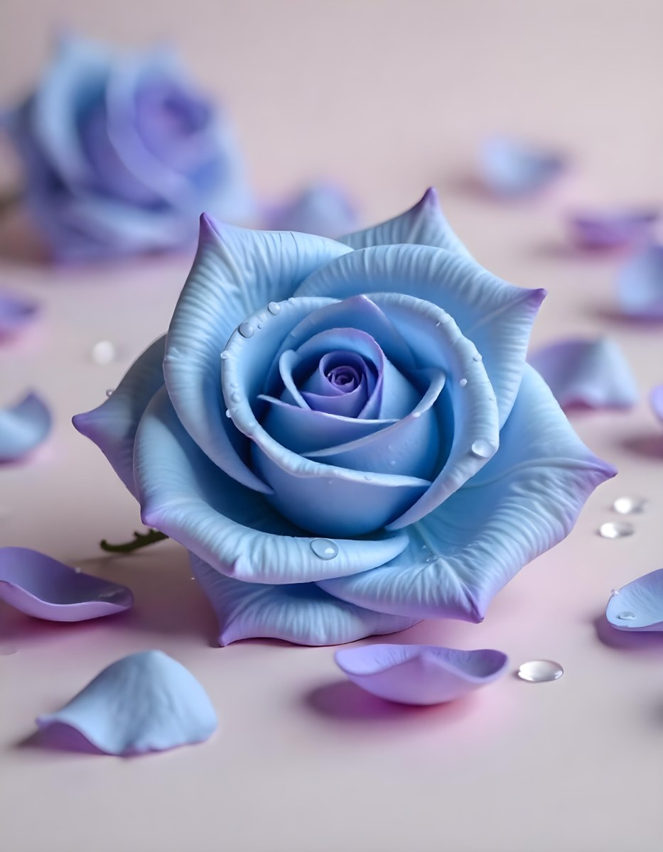 A Blue And Purple Rose With Water Droplets On The Petals Surrounded By Scattered Petals And A Blurred Background With A Flower In The Distance 38 Ab3d