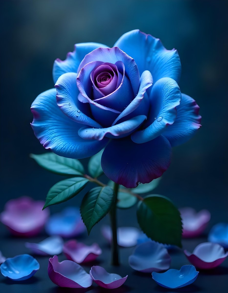 A Blue And Purple Rose With Water Droplets On The Petals Surrounded By Scattered Petals And A Blurred Background With A Flower In The Distance 39 Dd4d