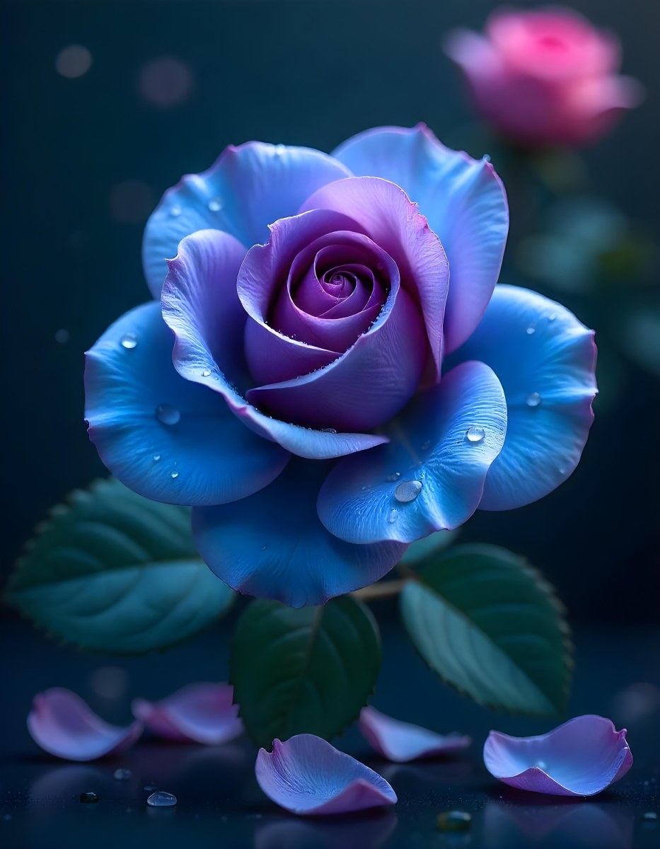 A Blue And Purple Rose With Water Droplets On The Petals Surrounded By Scattered Petals And A Blurred Background With A Flower In The Distance 40 A9e1