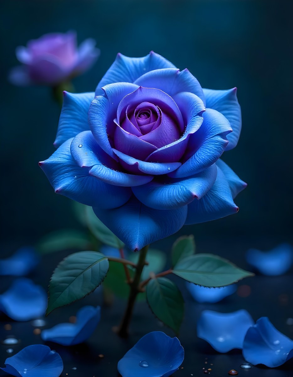 A Blue And Purple Rose With Water Droplets On The Petals Surrounded By Scattered Petals And A Blurred Background With A Flower In The Distance 41 7911