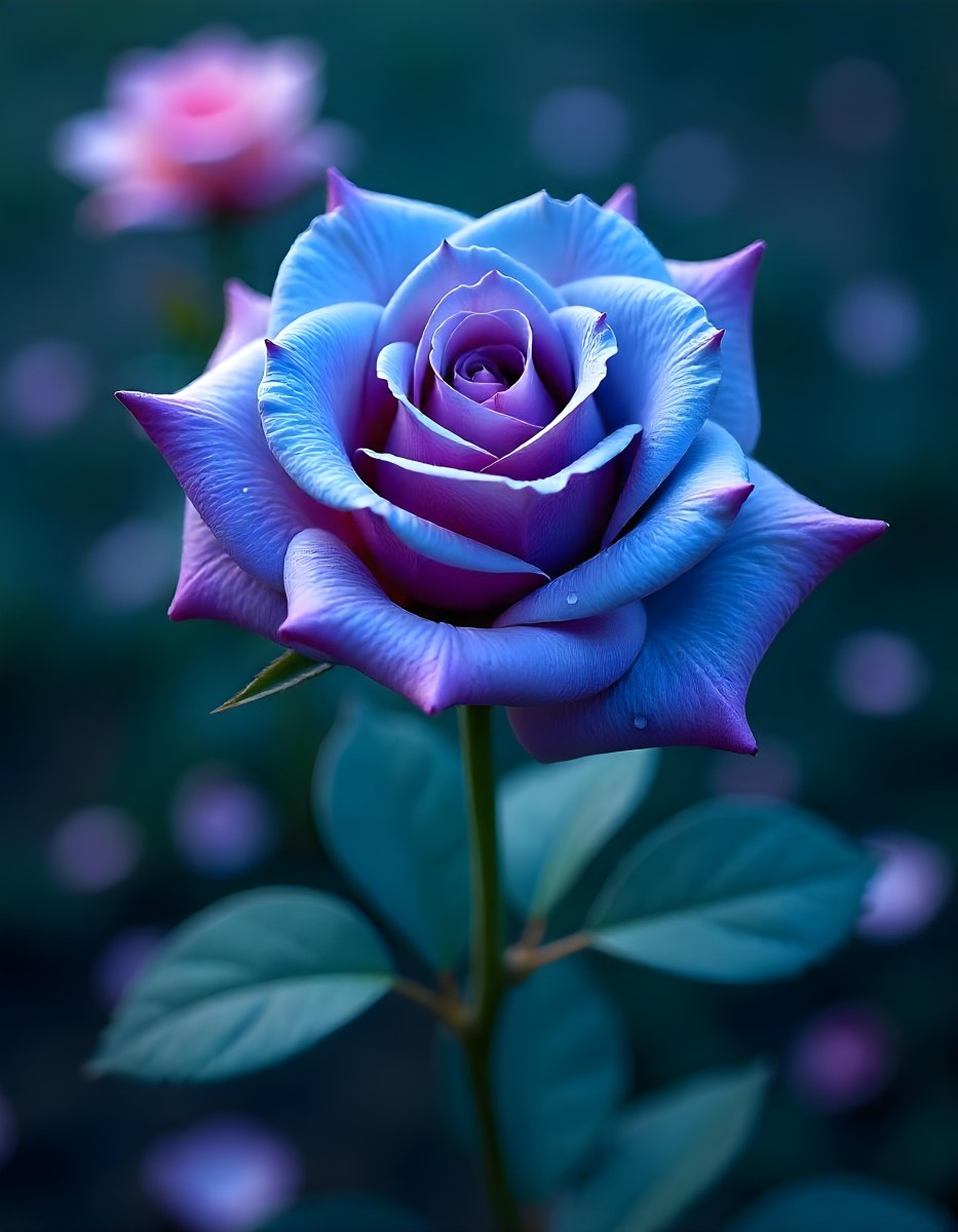 A Blue And Purple Rose With Water Droplets On The Petals Surrounded By Scattered Petals And A Blurred Background With A Flower In The Distance 42 425e