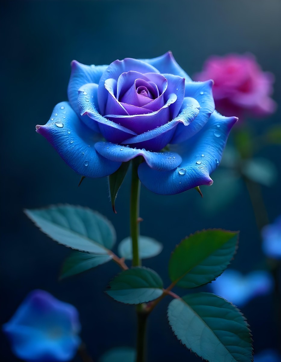 A Blue And Purple Rose With Water Droplets On The Petals Surrounded By Scattered Petals And A Blurred Background With A Flower In The Distance 43 168e