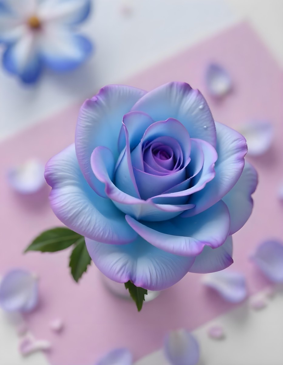 A Blue And Purple Rose With Water Droplets On The Petals Surrounded By Scattered Petals And A Blurred Background With A Flower In The Distance 5 25c6