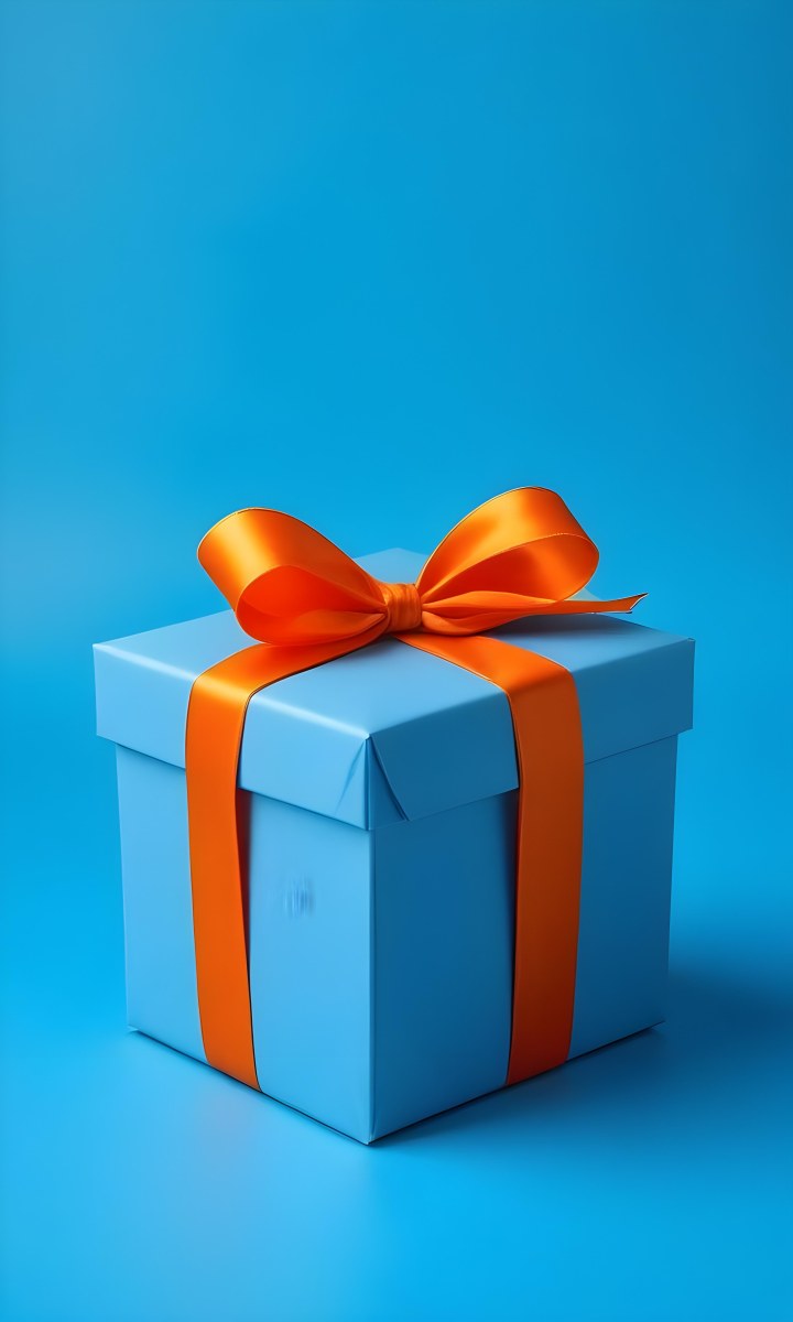 A Blue Gift Box With An Orange Ribbon On A Blue Background The Ribbon Is Tied In A Bow On Top Of The Box 11 8fa9