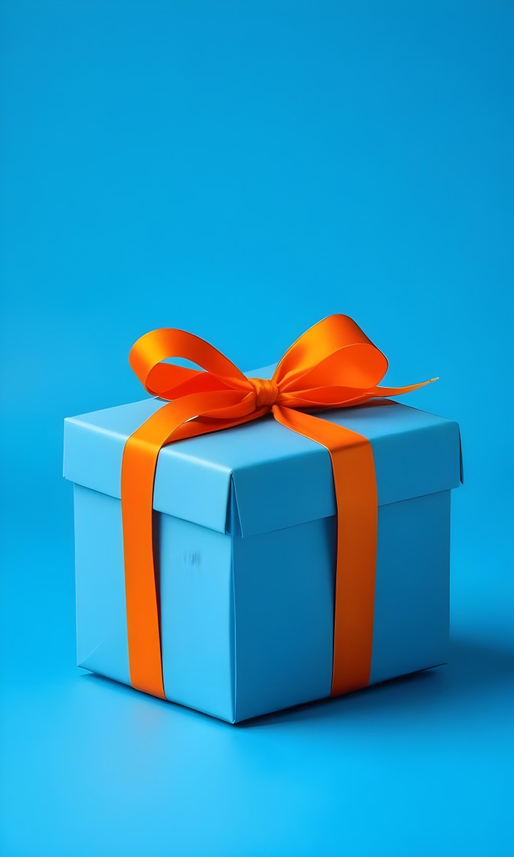 A Blue Gift Box With An Orange Ribbon On A Blue Background The Ribbon Is Tied In A Bow On Top Of The Box 13 19b0