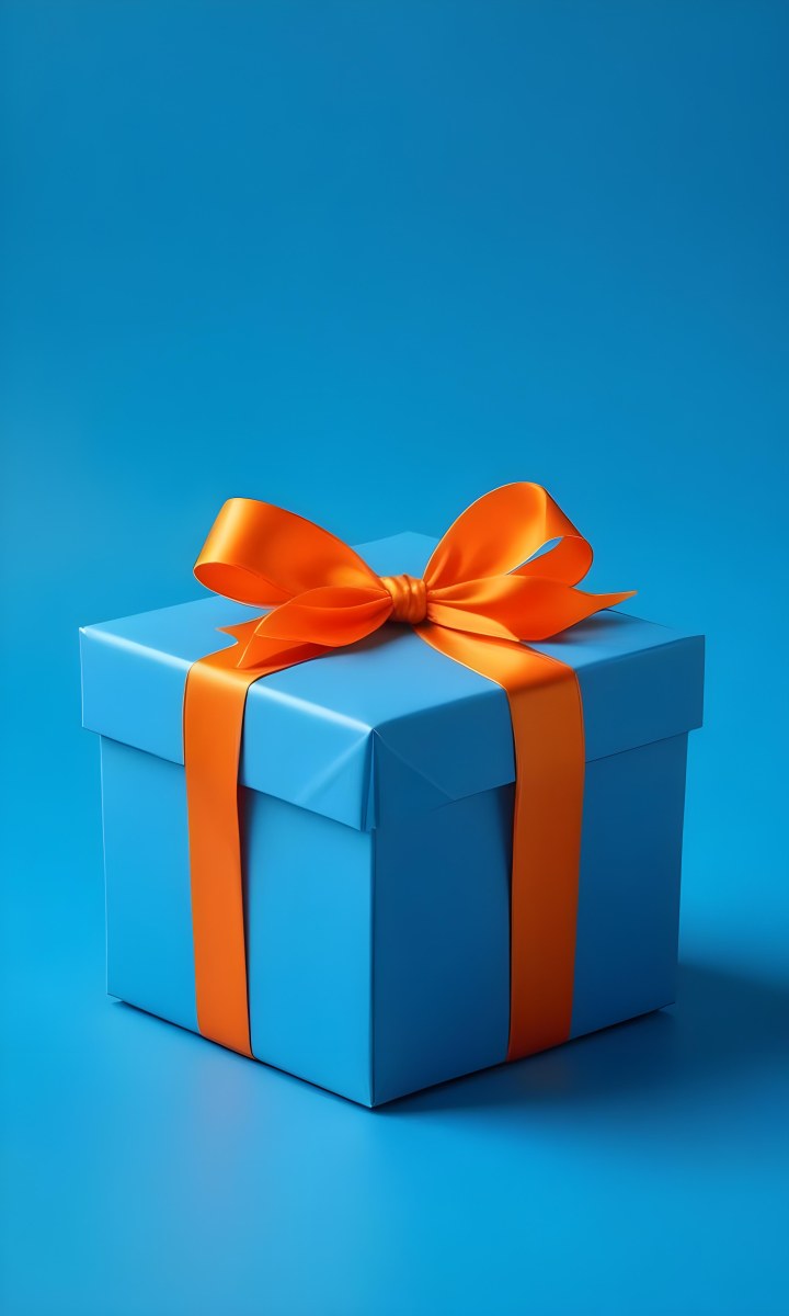 A Blue Gift Box With An Orange Ribbon On A Blue Background The Ribbon Is Tied In A Bow On Top Of The Box 20 1e21