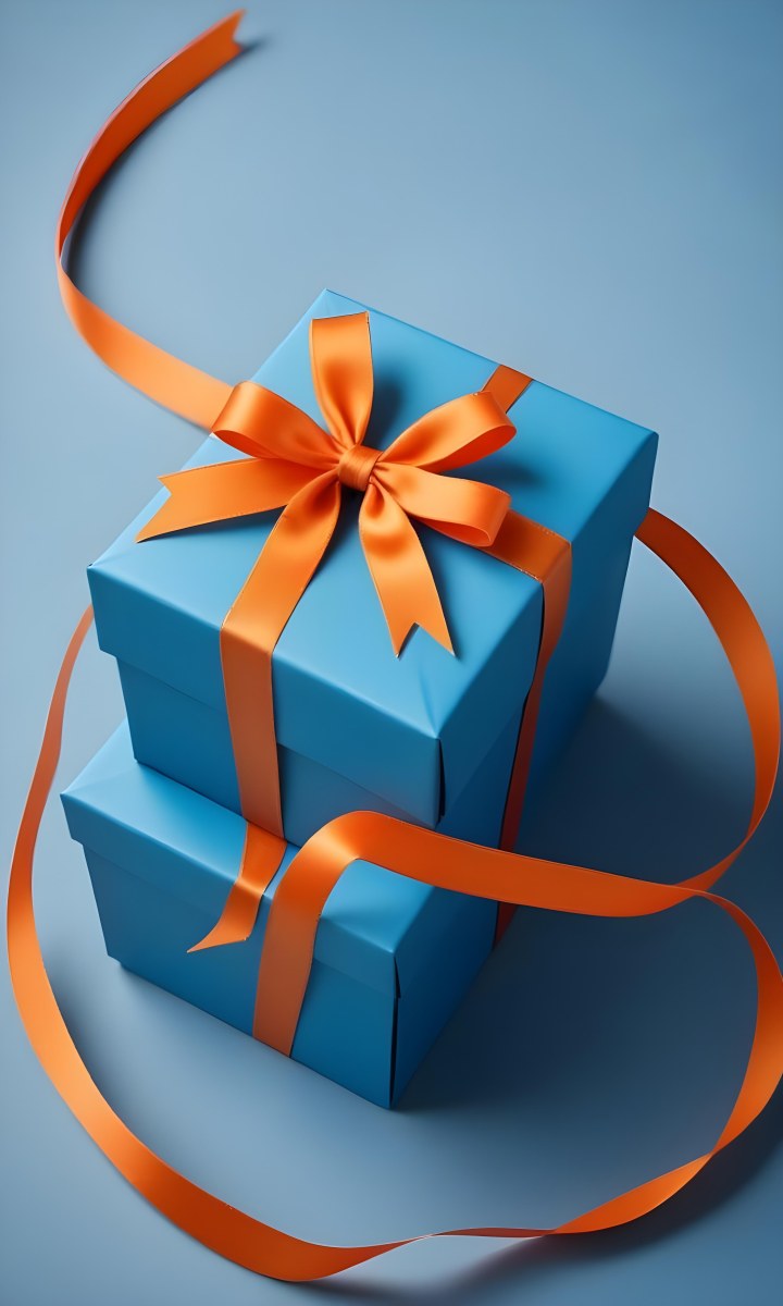 A Blue Gift Box With An Orange Ribbon On A Blue Background The Ribbon Is Tied In A Bow On Top Of The Box 37 5ab6
