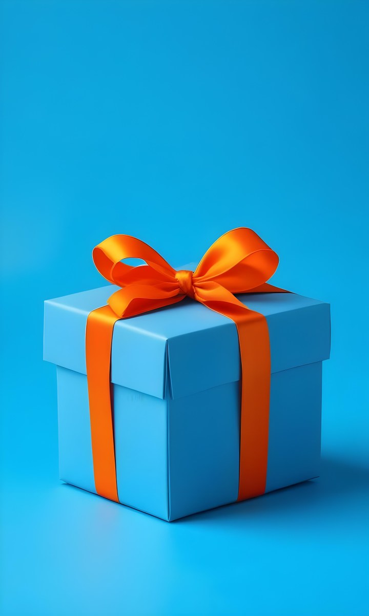 A Blue Gift Box With An Orange Ribbon On A Blue Background The Ribbon Is Tied In A Bow On Top Of The Box 40 D398