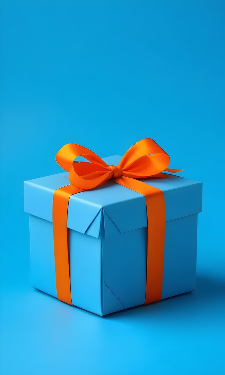 A Blue Gift Box With An Orange Ribbon On A Blue Background The Ribbon Is Tied In A Bow On Top Of The Box 41 9912