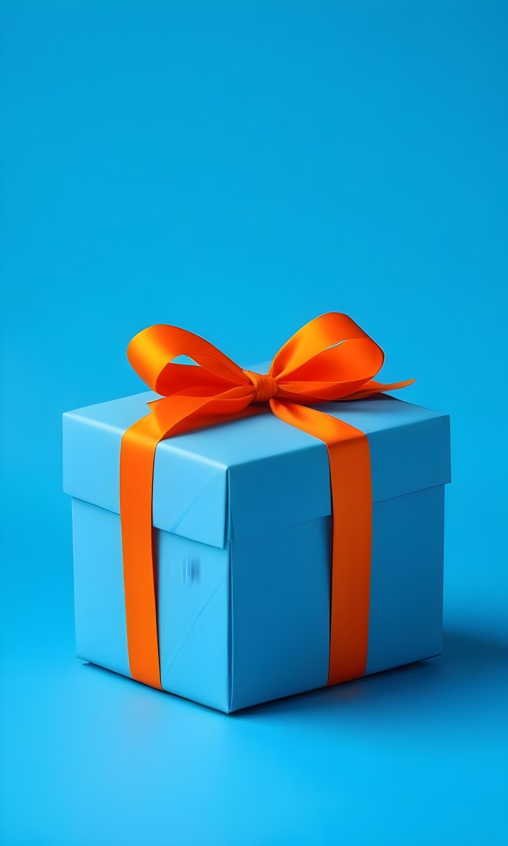 A Blue Gift Box With An Orange Ribbon On A Blue Background The Ribbon Is Tied In A Bow On Top Of The Box 7 A980