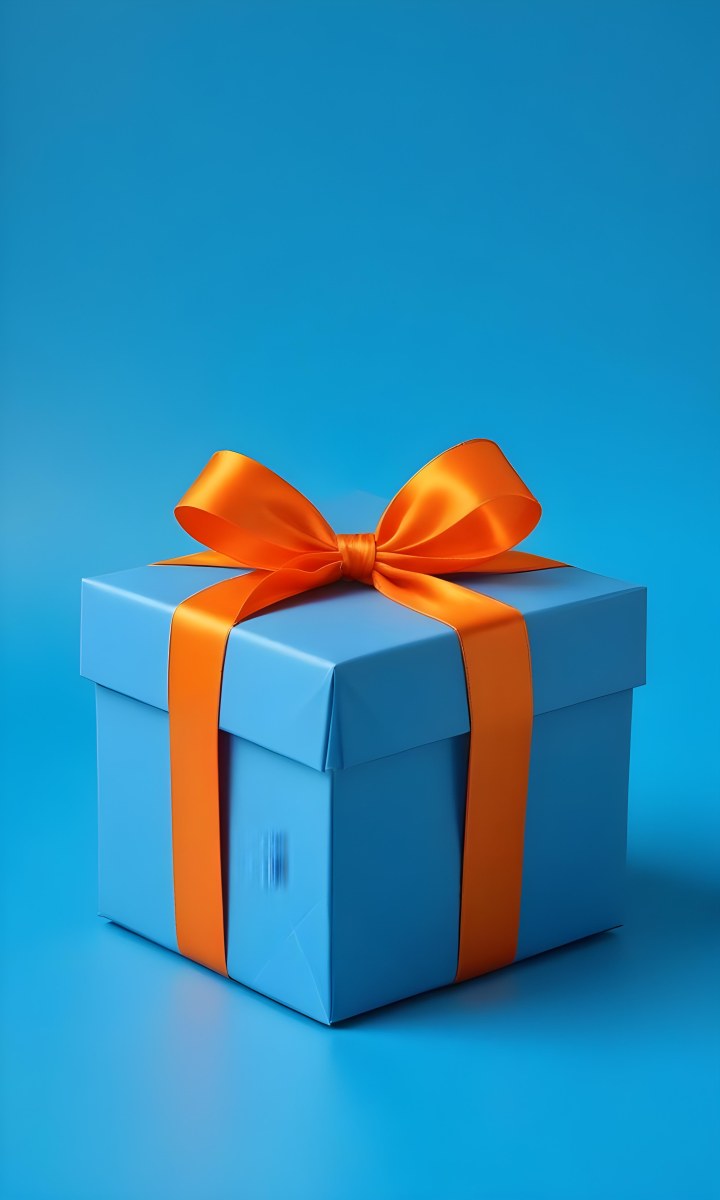 A Blue Gift Box With An Orange Ribbon On A Blue Background The Ribbon Is Tied In A Bow On Top Of The Box 8 Fe65