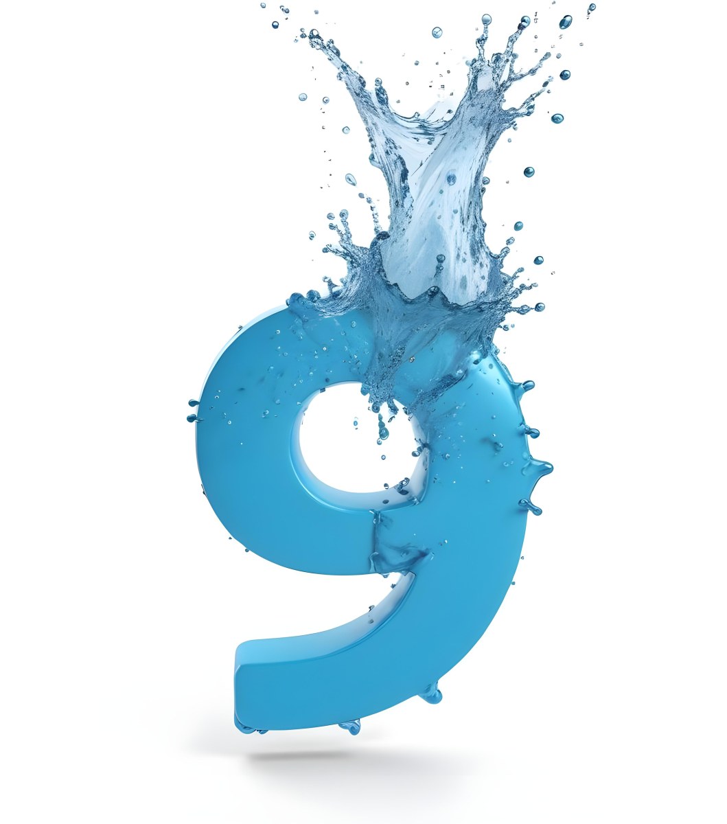 A Blue Number Nine With Water Splashing Around It On A Blue Background 10 B7e8