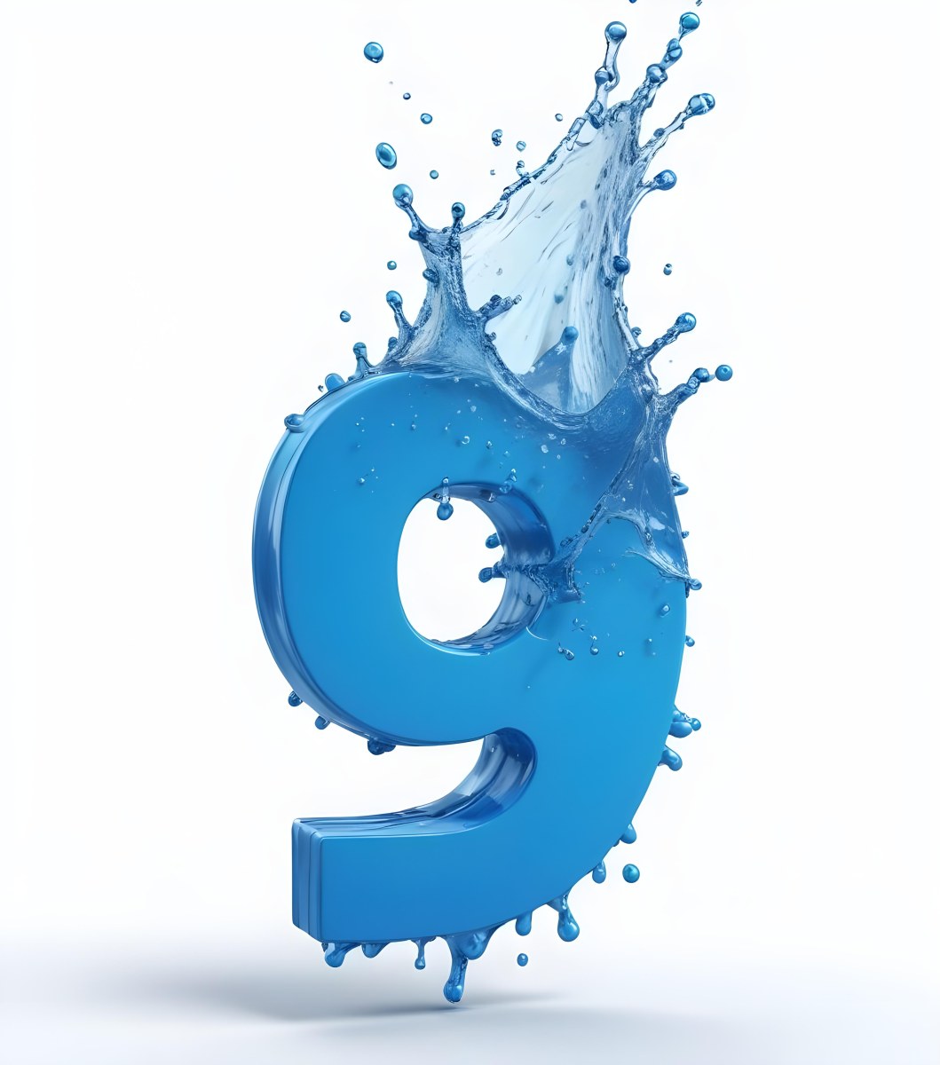 A Blue Number Nine With Water Splashing Around It On A Blue Background 13 E907