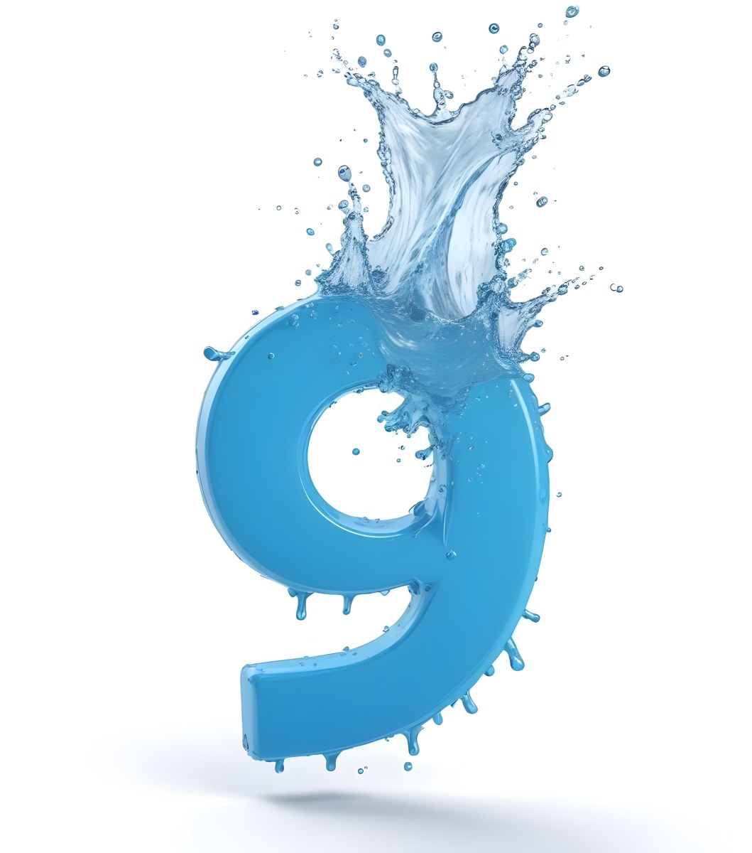 A Blue Number Nine With Water Splashing Around It On A Blue Background 18 044c