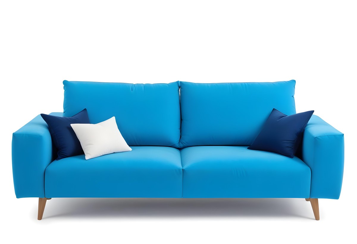 A Blue Sofa With Two Pillows One White And One White In A White Background 7 4bce