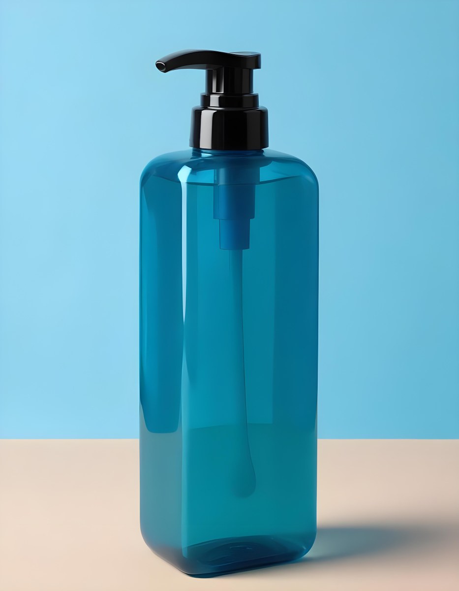 A Blue Transparent Plastic Bottle With A Transparent Dispenser Pump Containing Liquid Soap On A Beige Surface With A Light Blue Background 13 Aa57