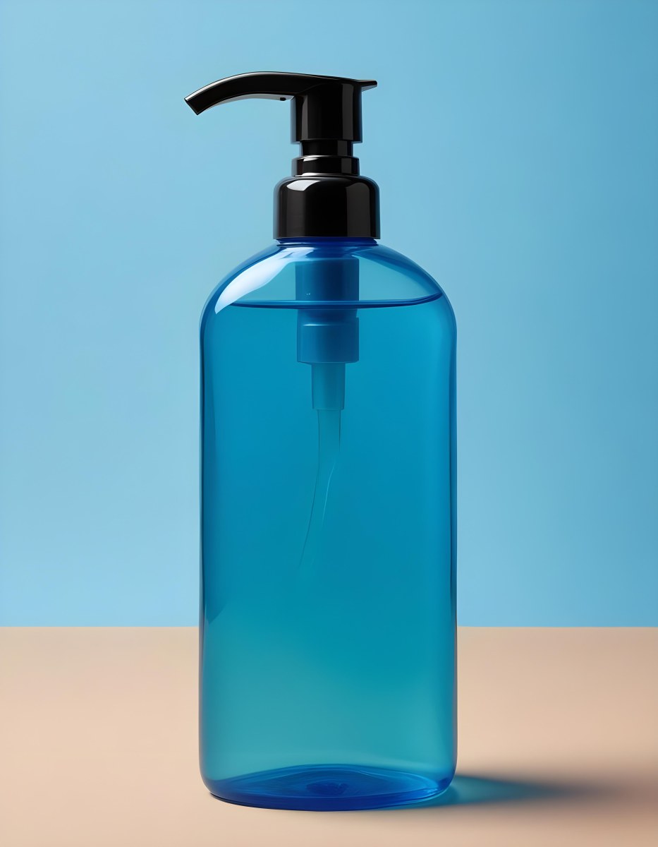 A Blue Transparent Plastic Bottle With A Transparent Dispenser Pump Containing Liquid Soap On A Beige Surface With A Light Blue Background 15 De26
