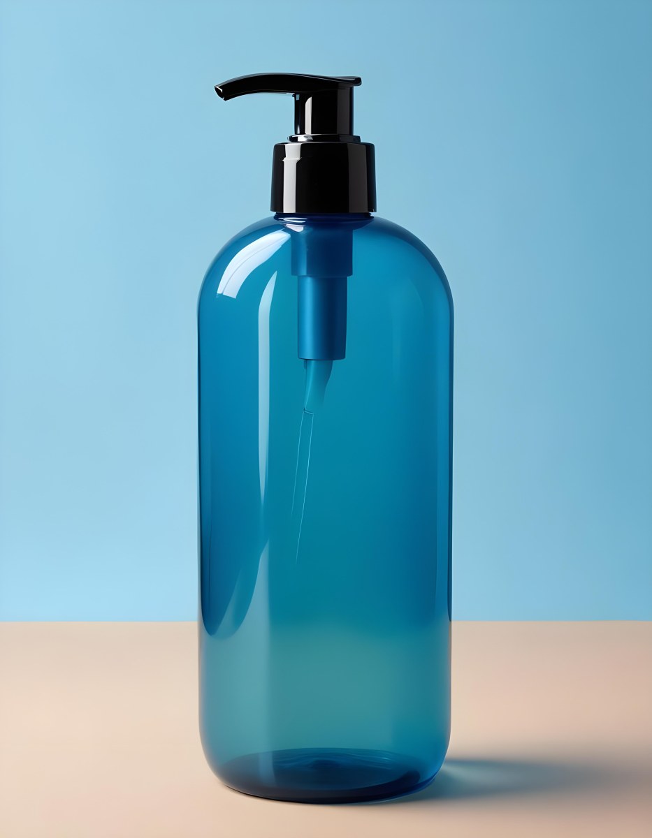A Blue Transparent Plastic Bottle With A Transparent Dispenser Pump Containing Liquid Soap On A Beige Surface With A Light Blue Background 16 2616