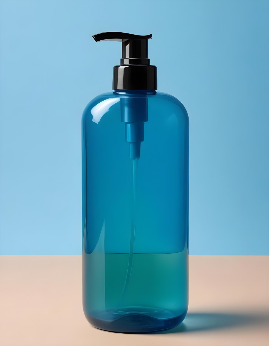 A Blue Transparent Plastic Bottle With A Transparent Dispenser Pump Containing Liquid Soap On A Beige Surface With A Light Blue Background 18 13b8