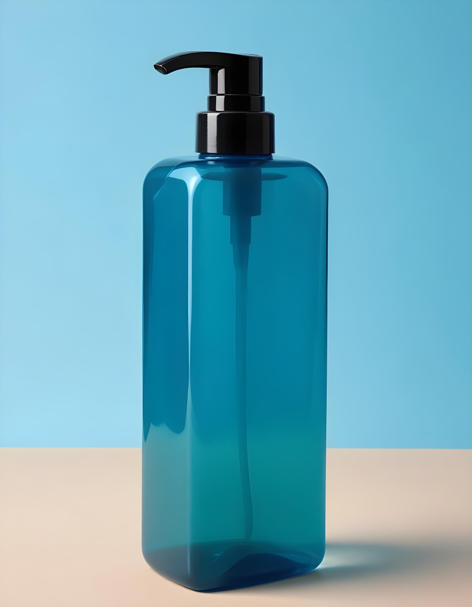 A Blue Transparent Plastic Bottle With A Transparent Dispenser Pump Containing Liquid Soap On A Beige Surface With A Light Blue Background 19 Fce6